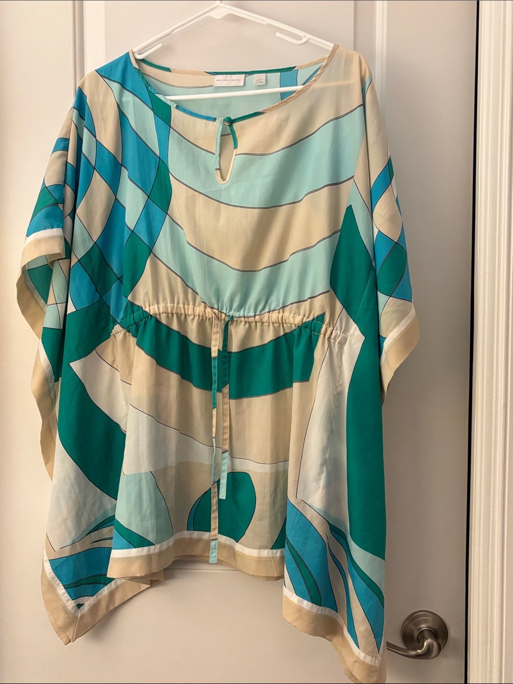 New York & Company Teal, Aqua & Cream Patterned Tunic